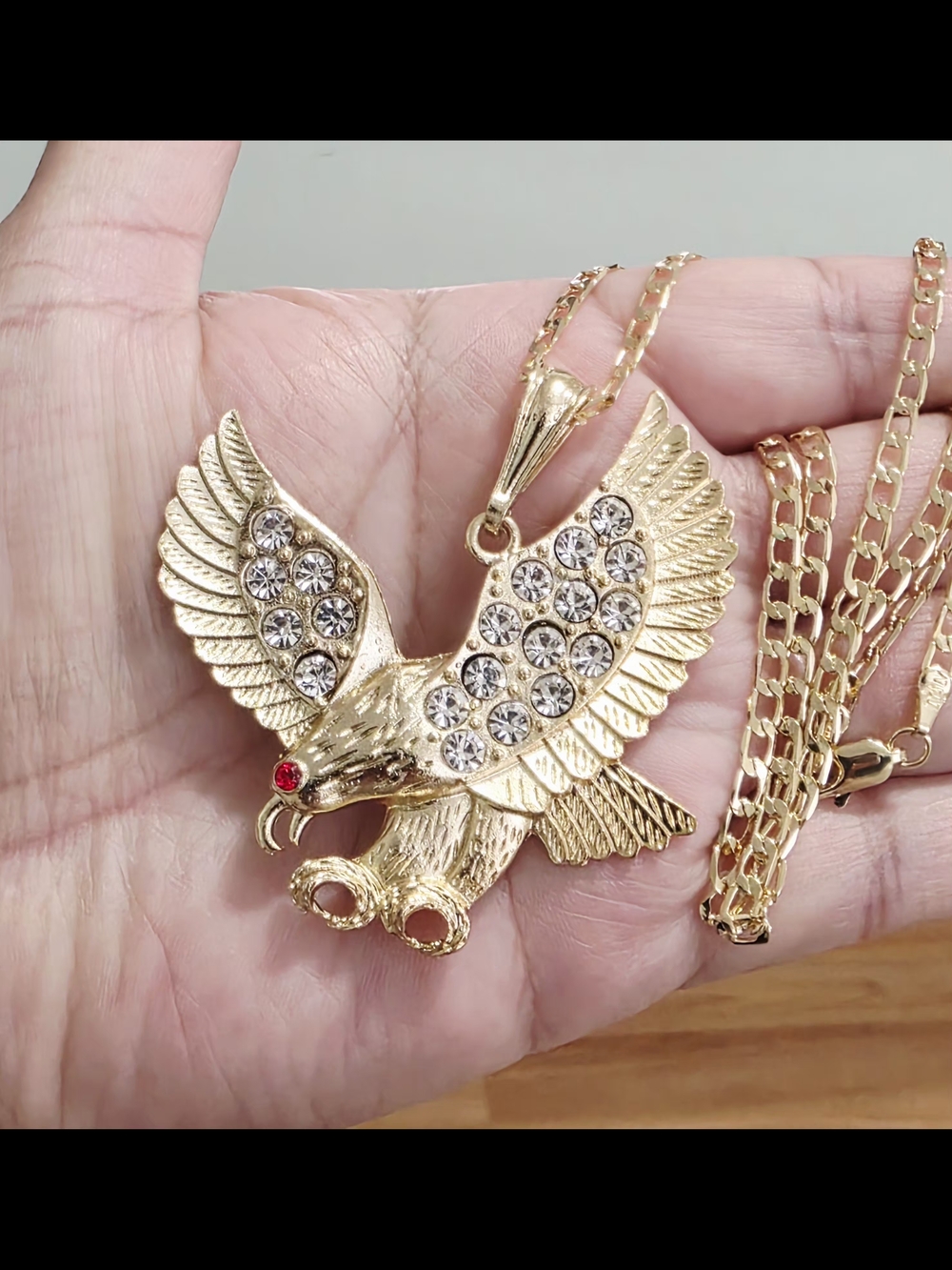 Gold Eagle Pendant Necklace with Clear Crystal Accents - Men Accessories Jewelry